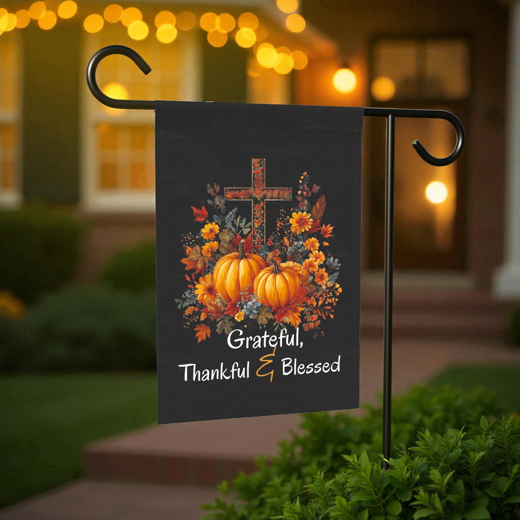 Grateful, Thankful, and Blessed Thanksgiving Garden Flag - size comparison - Dragonfire Gardens