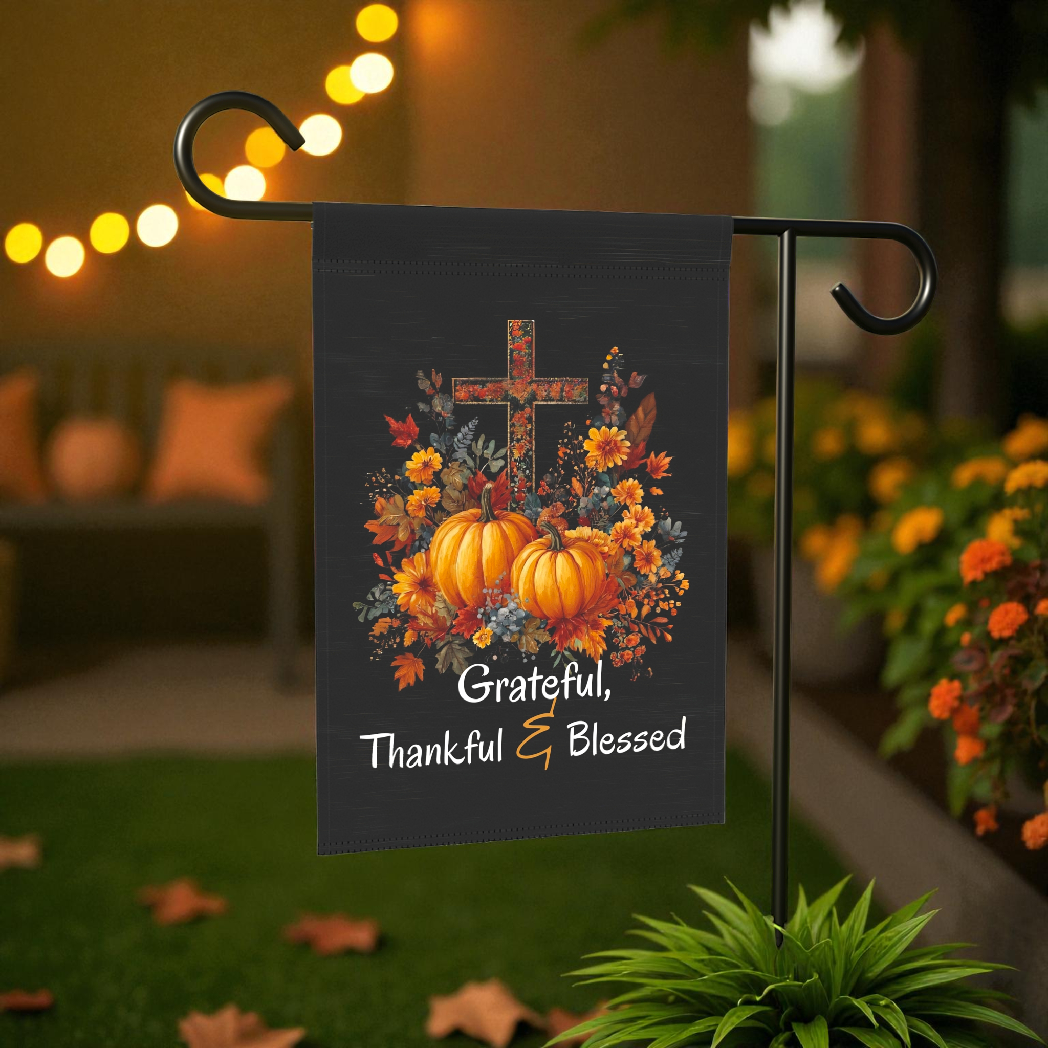 Grateful, Thankful, and Blessed Thanksgiving Garden Flag - lifestyle display - Dragonfire Gardens