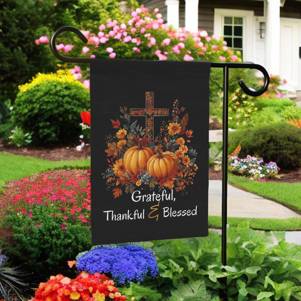 Grateful, Thankful, and Blessed Thanksgiving Garden Flag - front view - Dragonfire Gardens