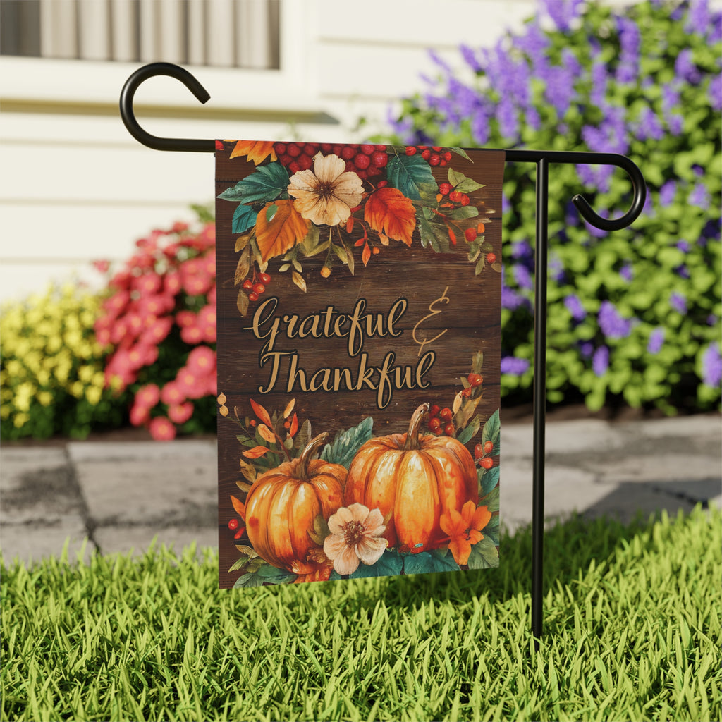 Grateful & Thankful Thanksgiving Garden Flag - outdoor display - Dragonfire Gardens