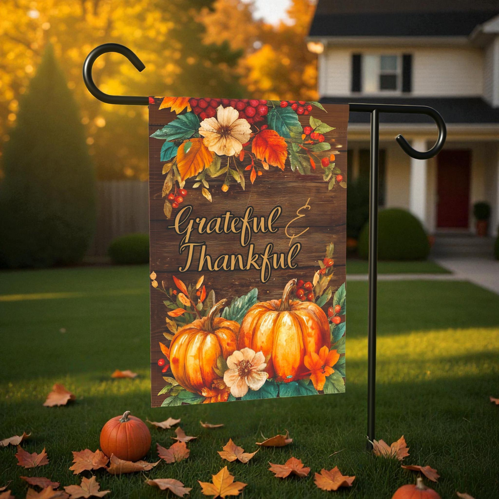 Grateful & Thankful Thanksgiving Garden Flag - size comparison - Dragonfire Gardens