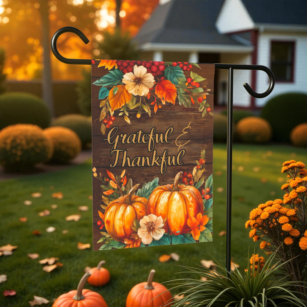 Grateful & Thankful Thanksgiving Garden Flag - front view - Dragonfire Gardens