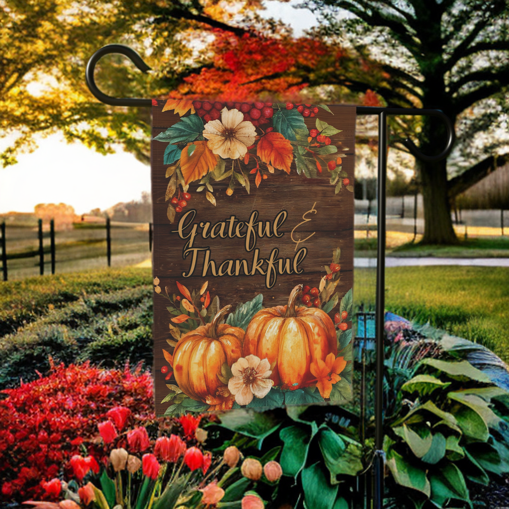 Grateful & Thankful Thanksgiving Garden Flag - lifestyle display - Dragonfire Gardens