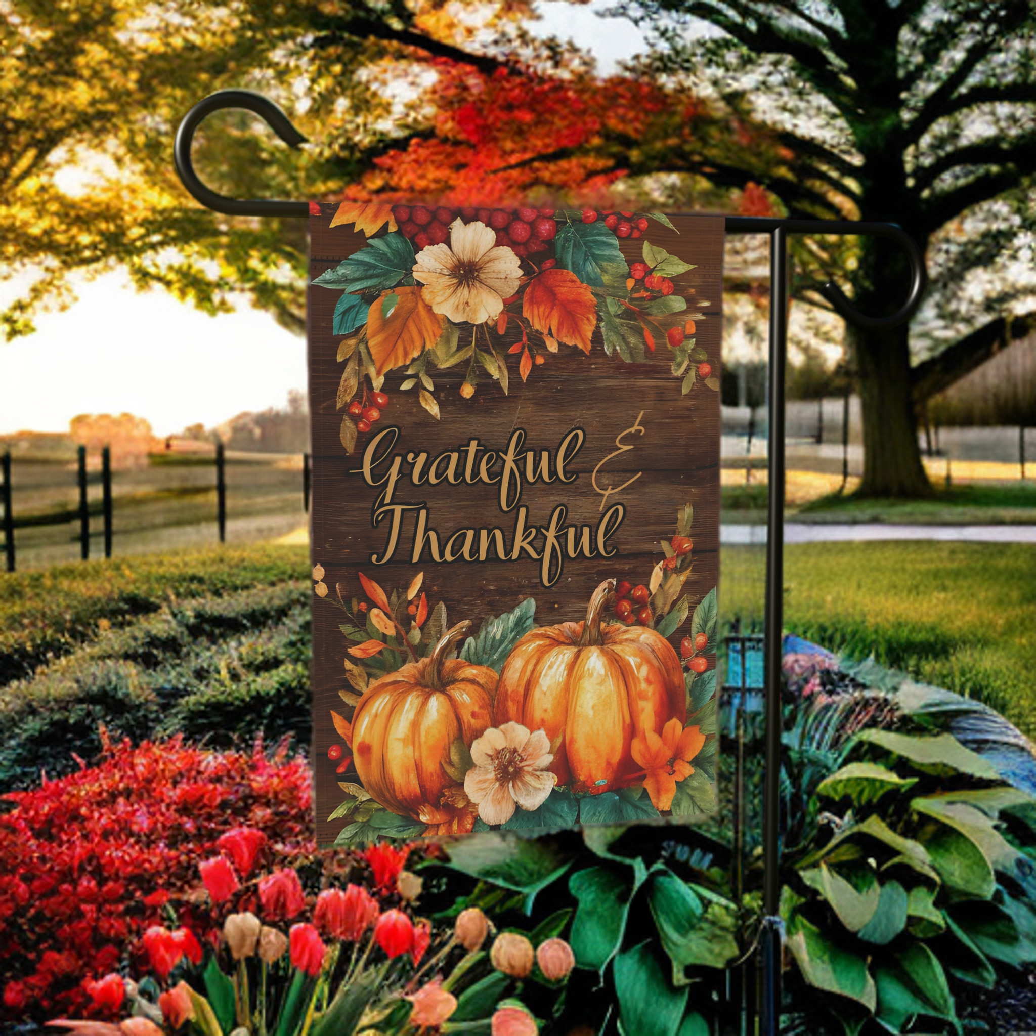 Grateful & Thankful Thanksgiving Garden Flag - lifestyle display - Dragonfire Gardens