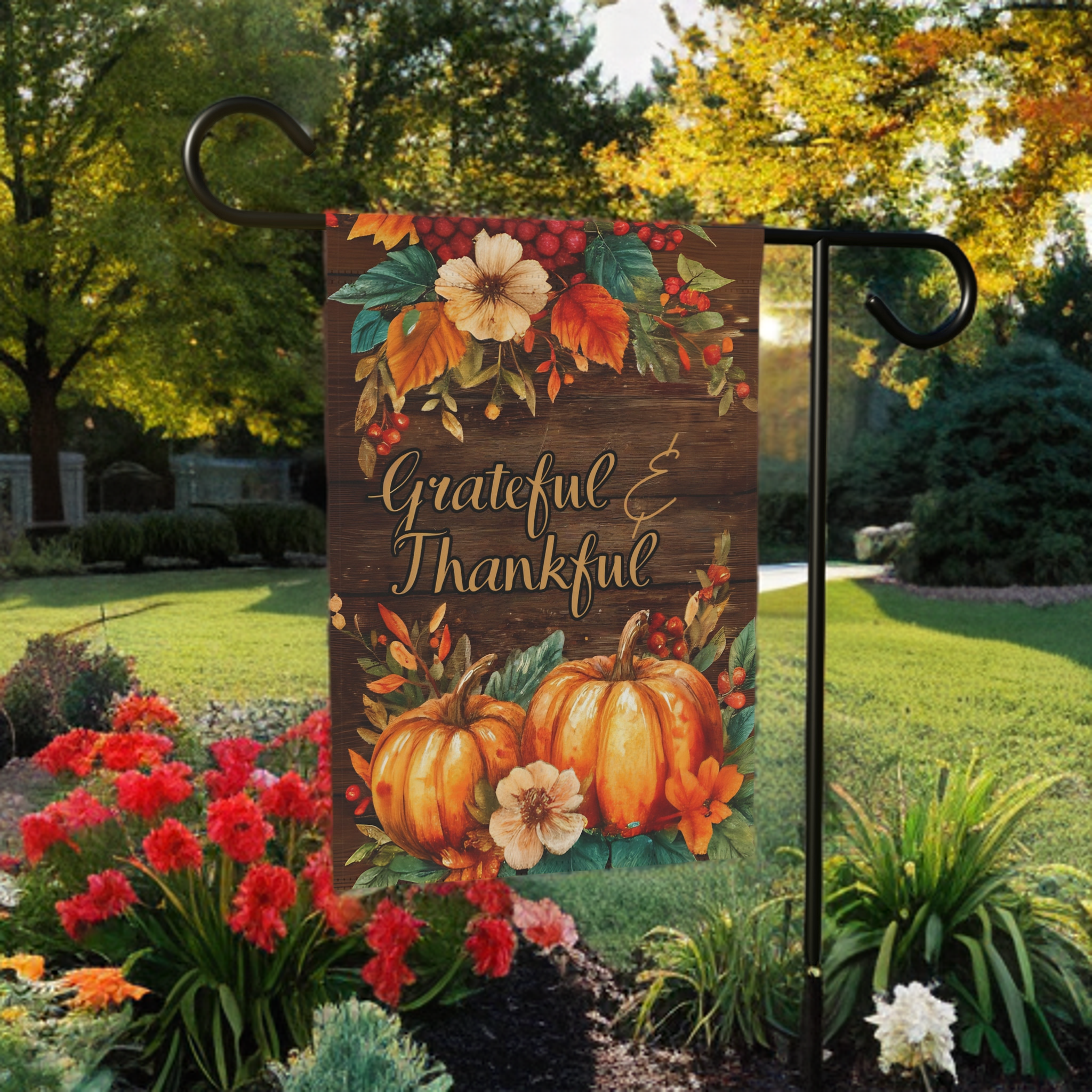 Grateful & Thankful Thanksgiving Garden Flag - product detail - Dragonfire Gardens