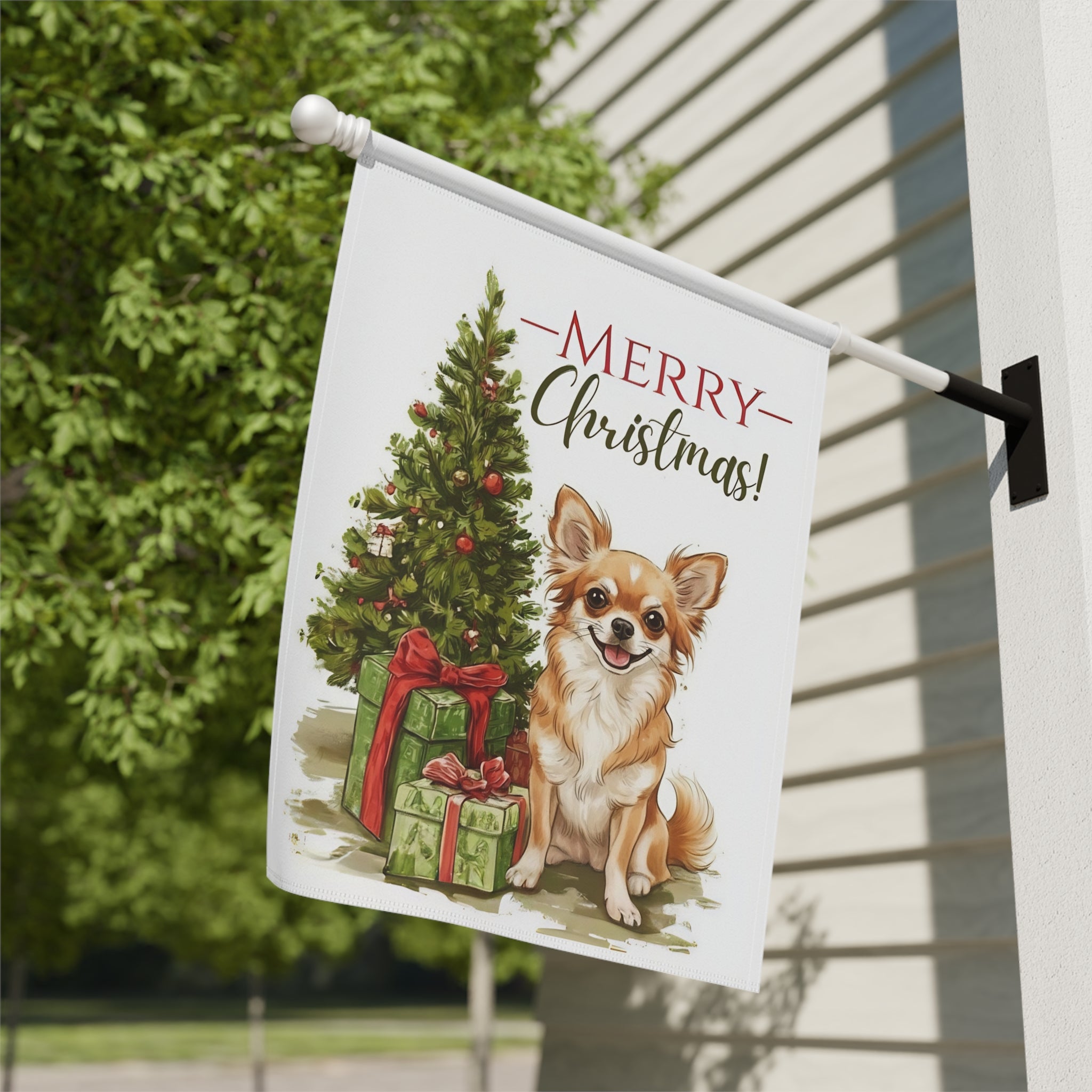 Chihuahua and Present Christmas Garden Flag - close-up detail - Dragonfire Gardens