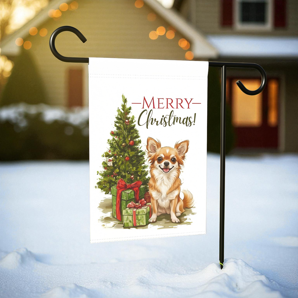 Chihuahua and Present Christmas Garden Flag - product detail - Dragonfire Gardens