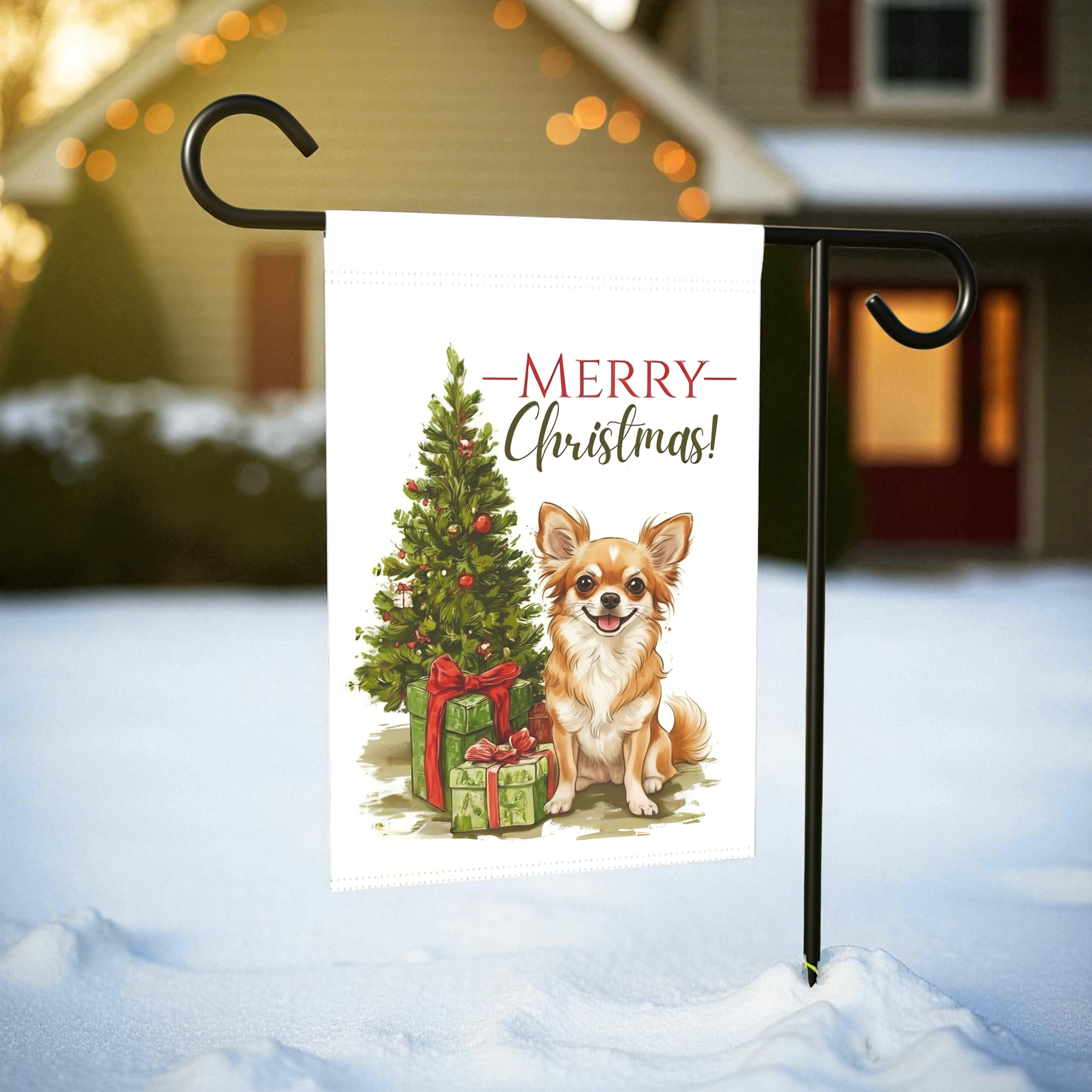 Chihuahua and Present Christmas Garden Flag - product detail - Dragonfire Gardens