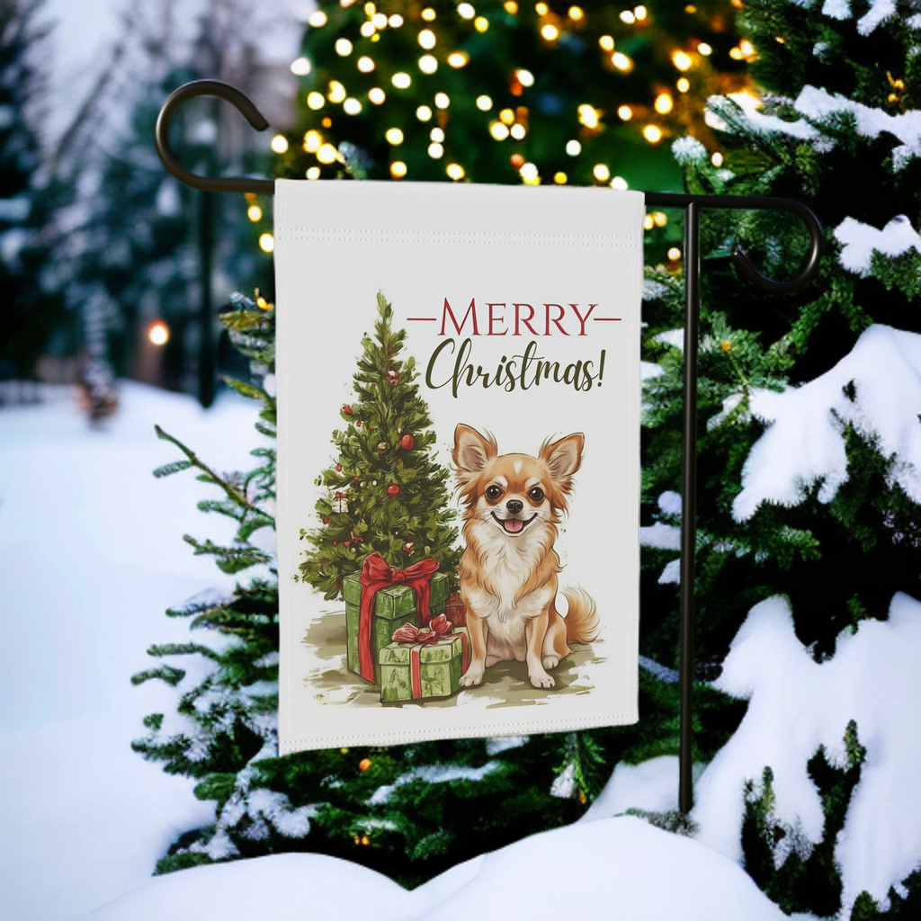 Chihuahua and Present Christmas Garden Flag - front view - Dragonfire Gardens