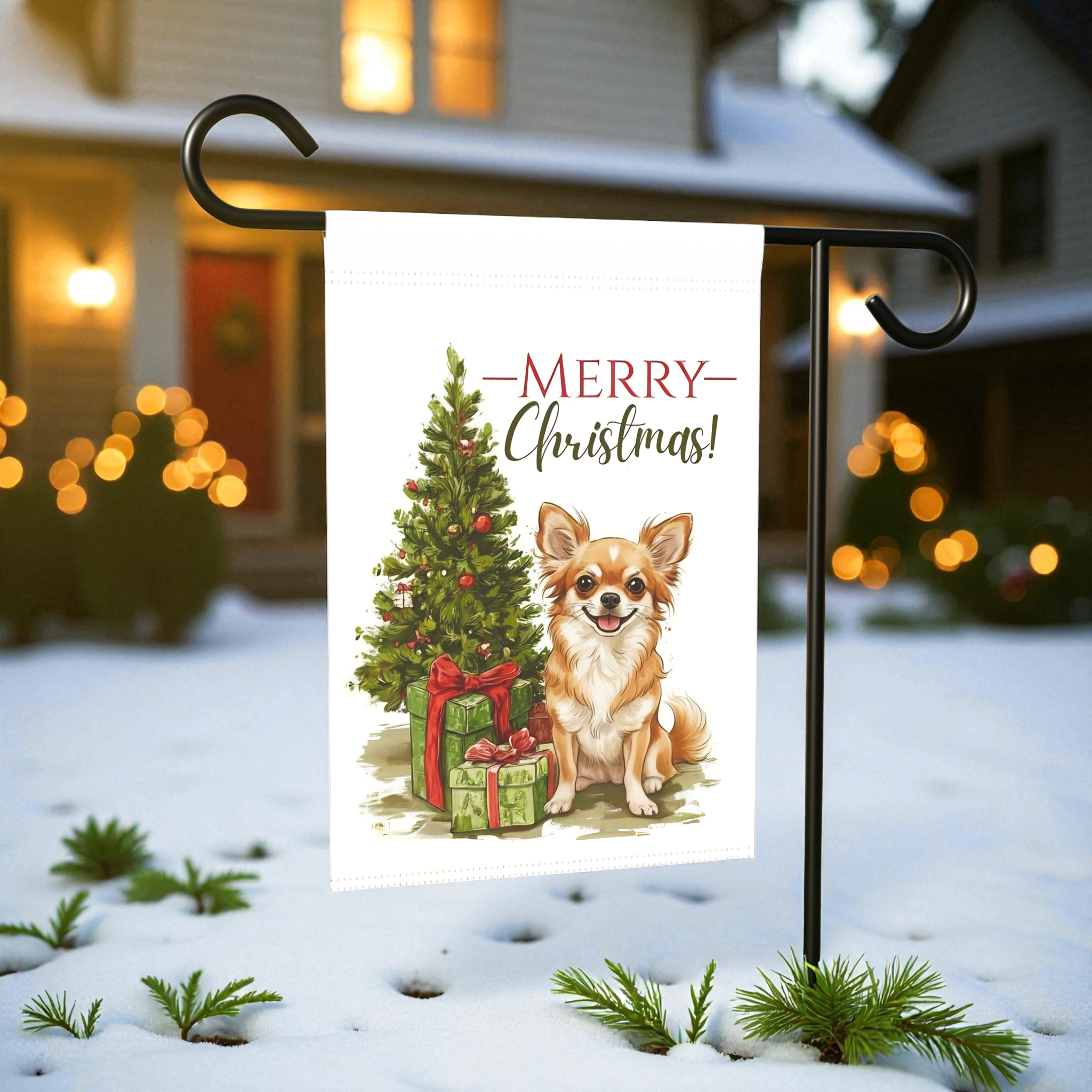 Chihuahua and Present Christmas Garden Flag - front view - Dragonfire Gardens