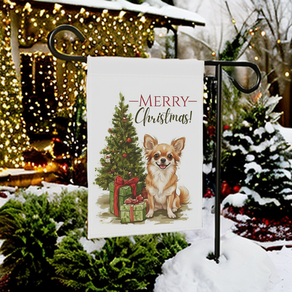 Chihuahua and Present Christmas Garden Flag - close-up detail - Dragonfire Gardens