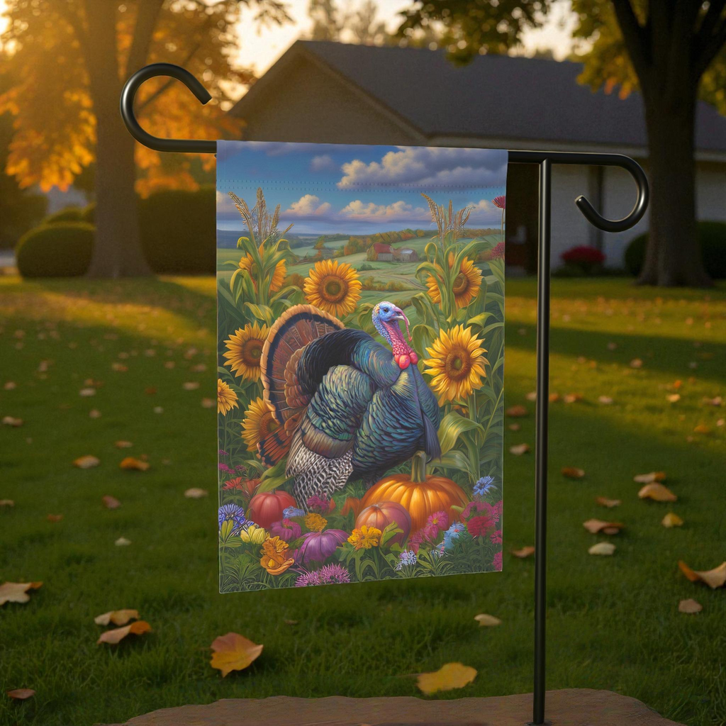 Countryside Thanksgiving Turkey Garden Flag - front view - Dragonfire Gardens