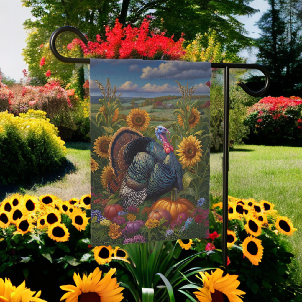 Countryside Thanksgiving Turkey Garden Flag - size comparison - Dragonfire Gardens