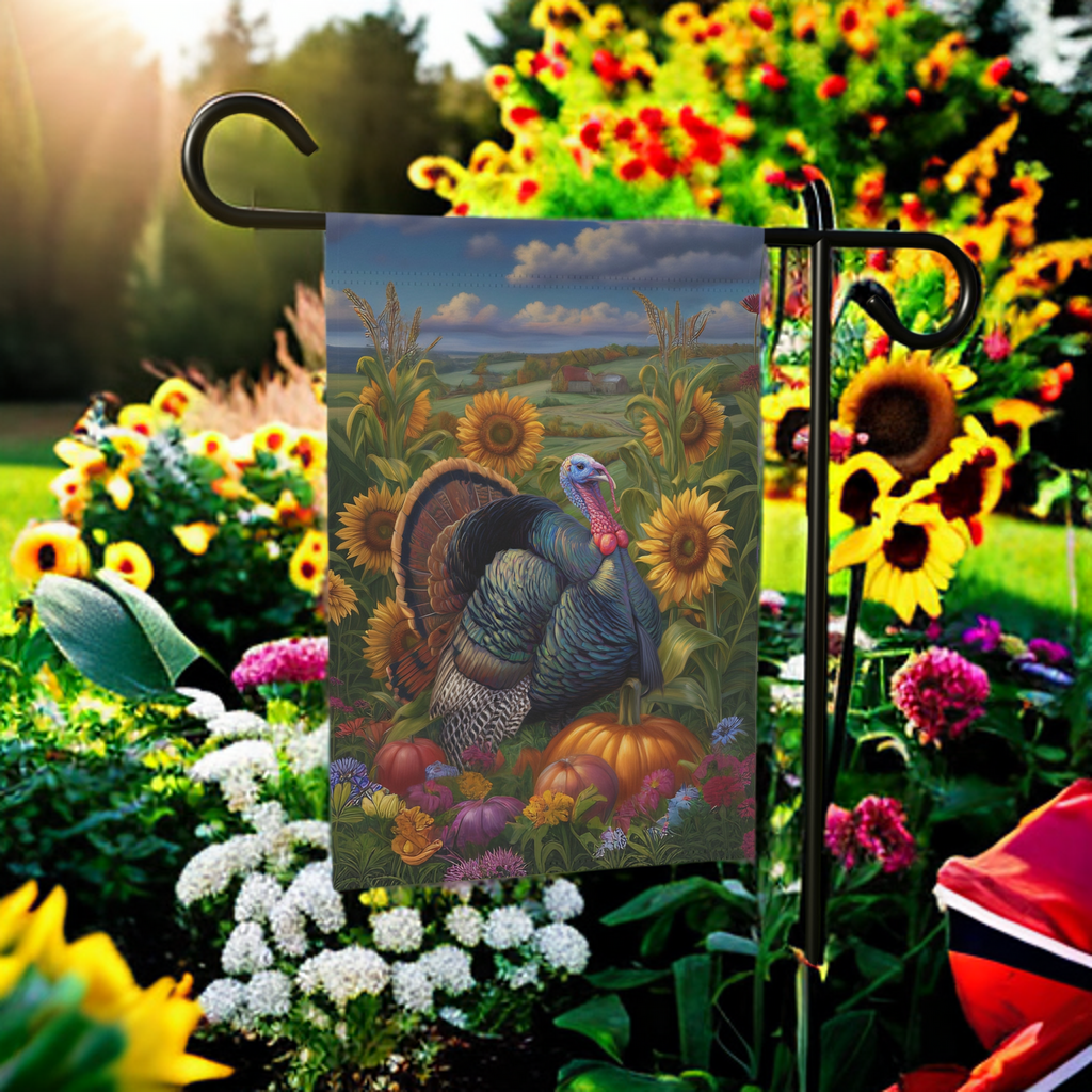 Countryside Thanksgiving Turkey Garden Flag - lifestyle display - Dragonfire Gardens