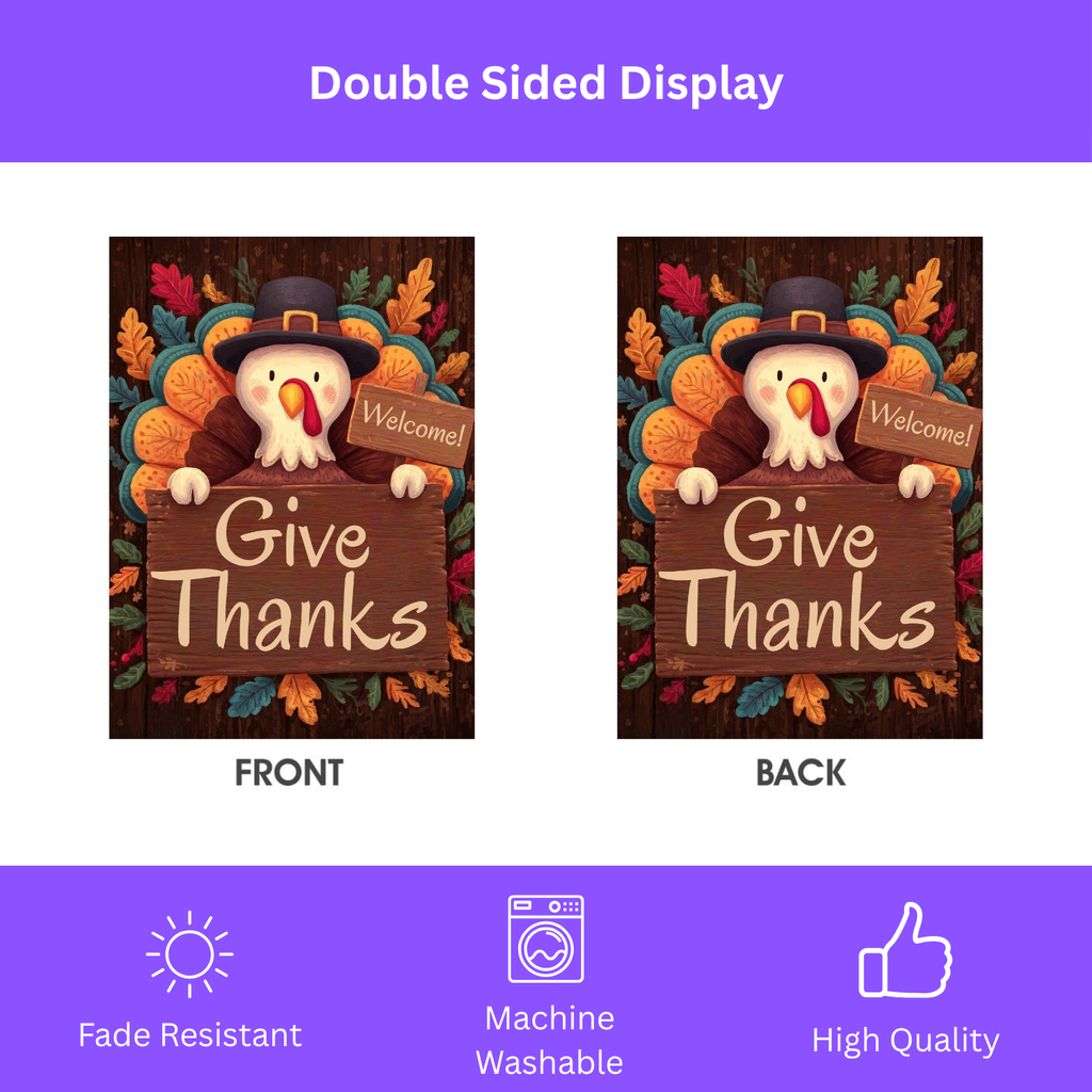 Colorful Give Thanks Turkey Thanksgiving Garden Flag - double-sided design - Dragonfire Gardens