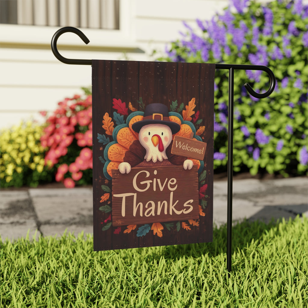 Colorful Give Thanks Turkey Thanksgiving Garden Flag - outdoor display - Dragonfire Gardens