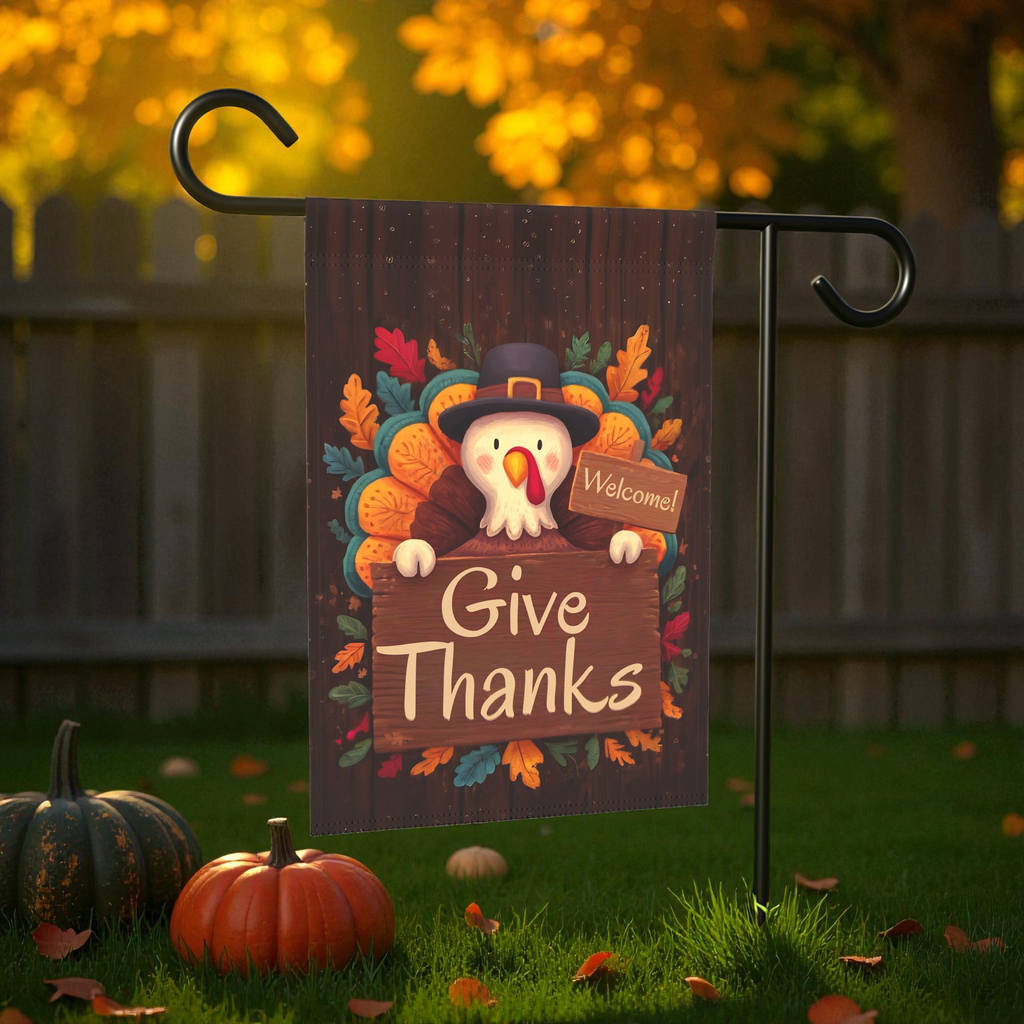 Colorful Give Thanks Turkey Thanksgiving Garden Flag - size comparison - Dragonfire Gardens