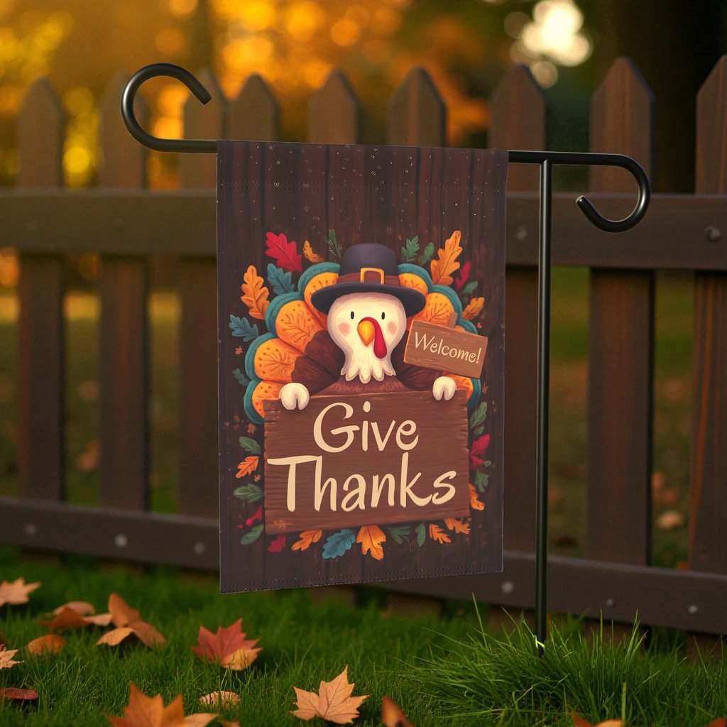 Colorful Give Thanks Turkey Thanksgiving Garden Flag - front view - Dragonfire Gardens