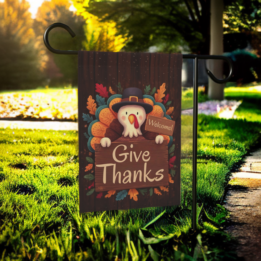 Colorful Give Thanks Turkey Thanksgiving Garden Flag - lifestyle display - Dragonfire Gardens
