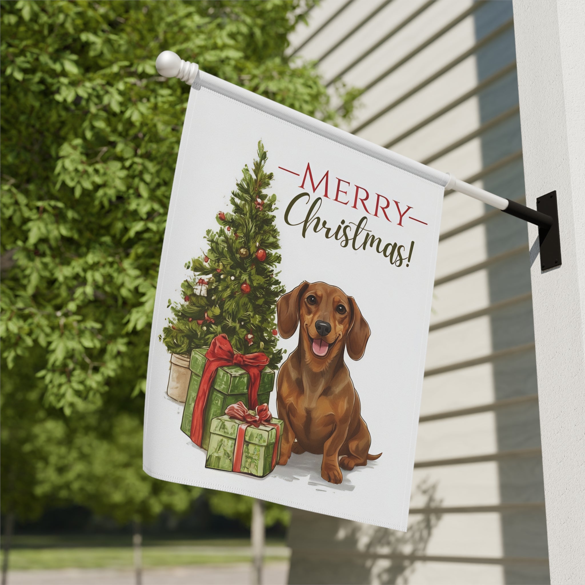 Dachshund and Present Christmas Garden Flag - close-up detail - Dragonfire Gardens