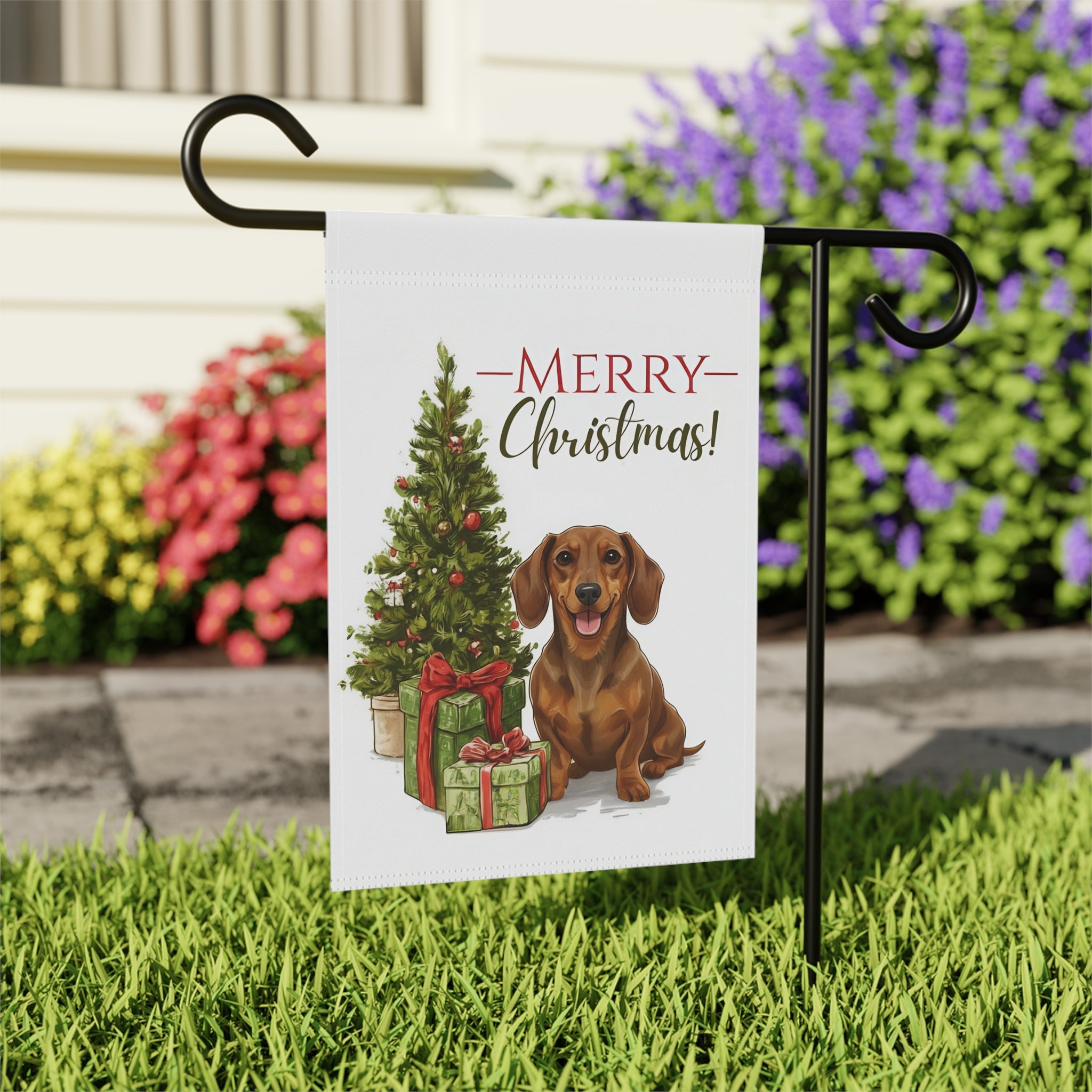 Dachshund and Present Christmas Garden Flag - outdoor display - Dragonfire Gardens