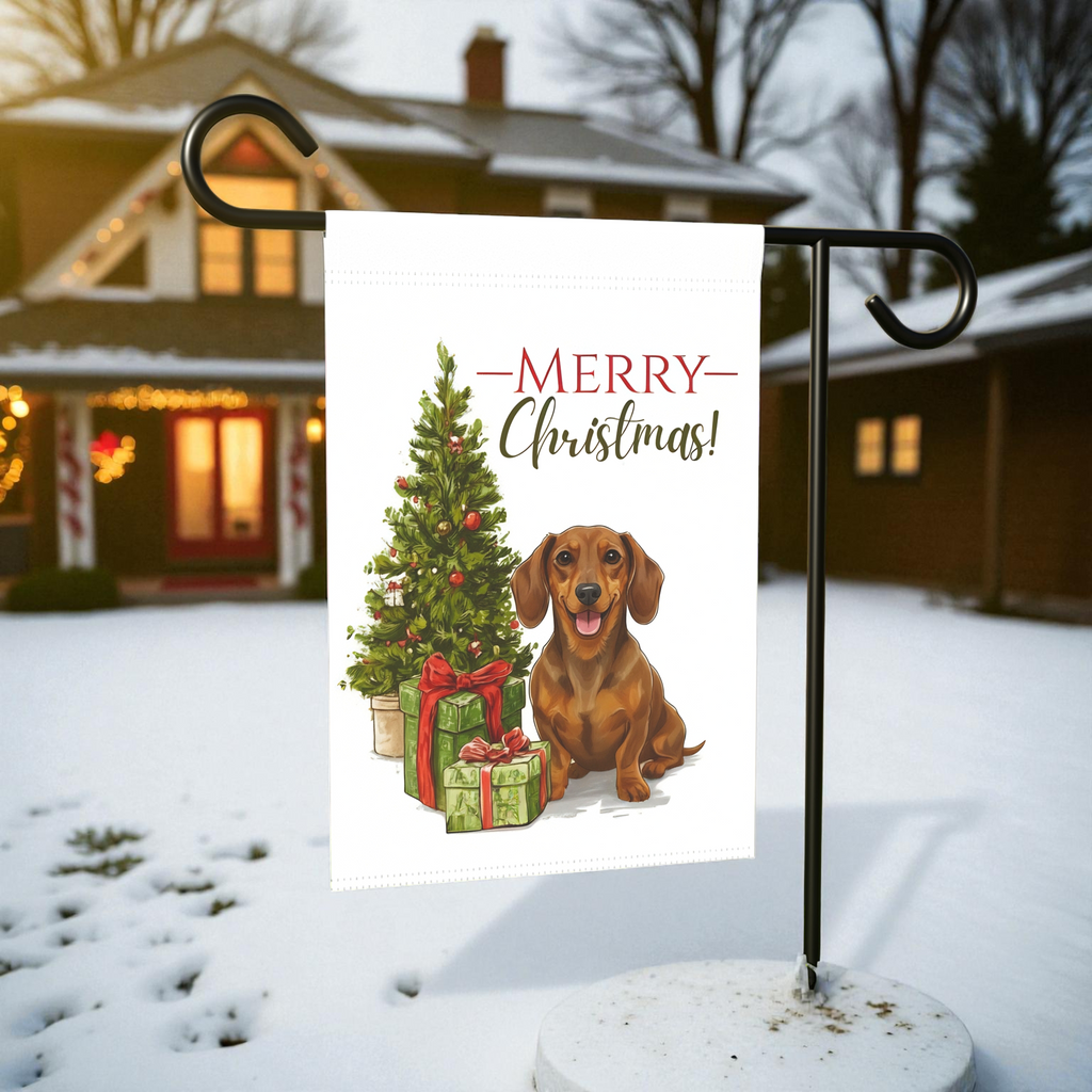Dachshund and Present Christmas Garden Flag - size comparison - Dragonfire Gardens