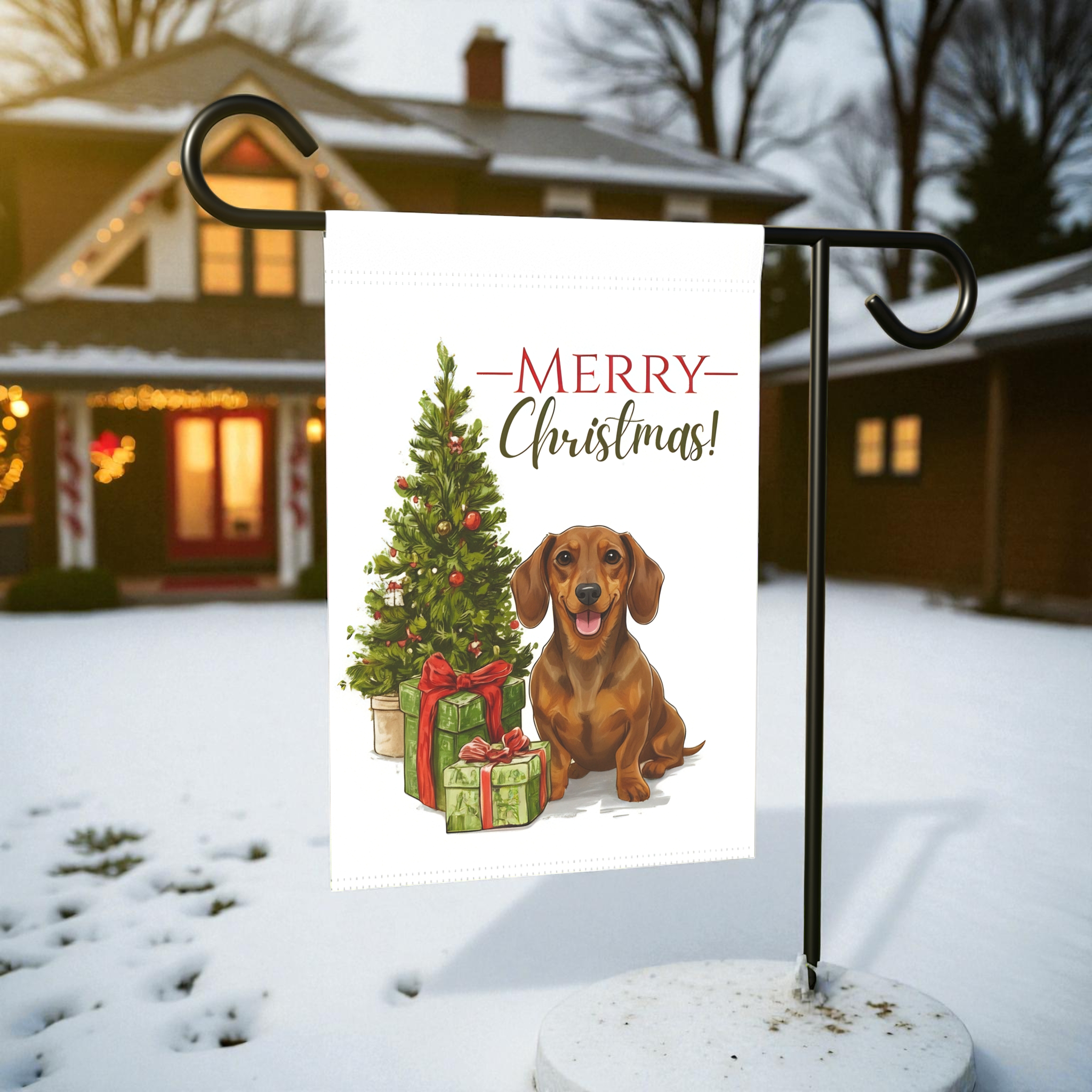 Dachshund and Present Christmas Garden Flag - size comparison - Dragonfire Gardens