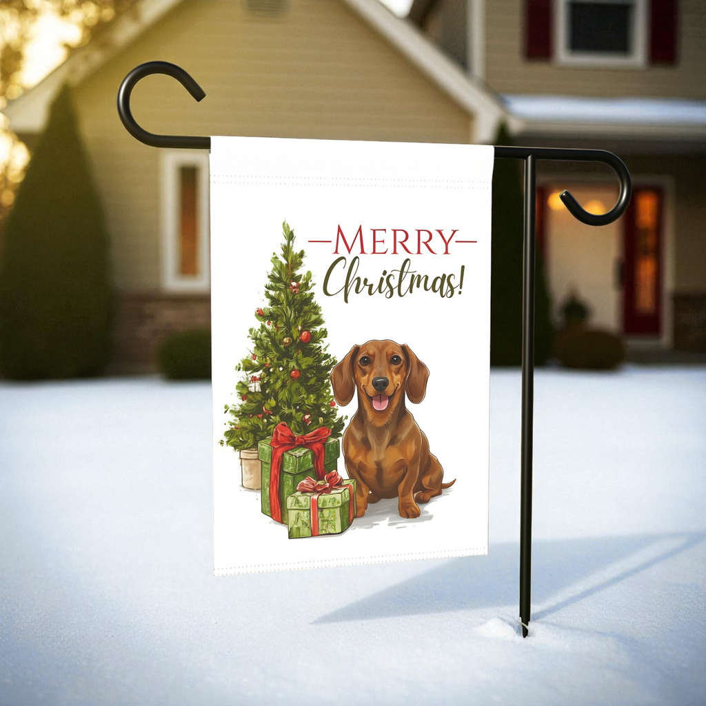 Dachshund and Present Christmas Garden Flag - lifestyle display - Dragonfire Gardens