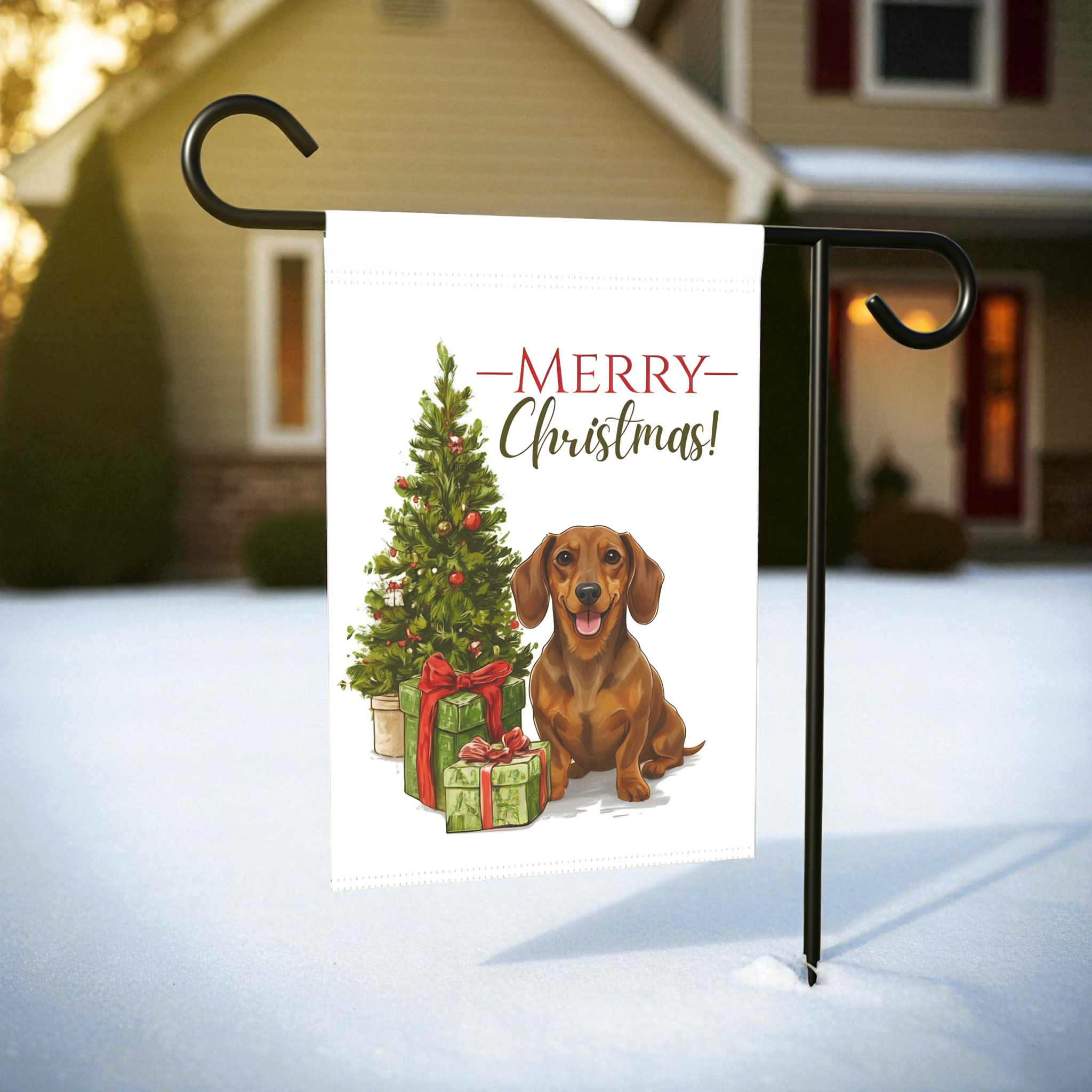 Dachshund and Present Christmas Garden Flag - lifestyle display - Dragonfire Gardens