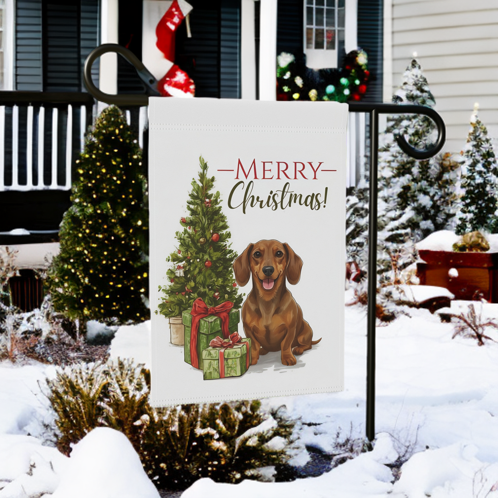 Dachshund and Present Christmas Garden Flag - front view - Dragonfire Gardens