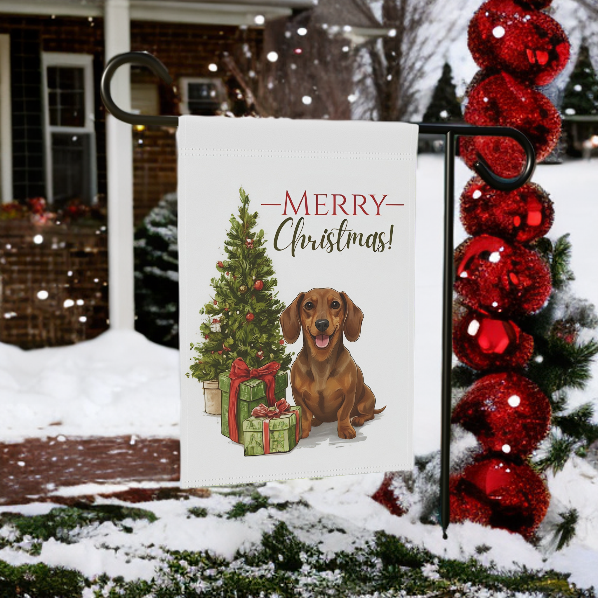 Dachshund and Present Christmas Garden Flag - product detail - Dragonfire Gardens