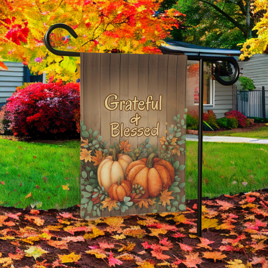 Grateful & Blessed Fall Garden Flag - lifestyle display - Dragonfire Gardens