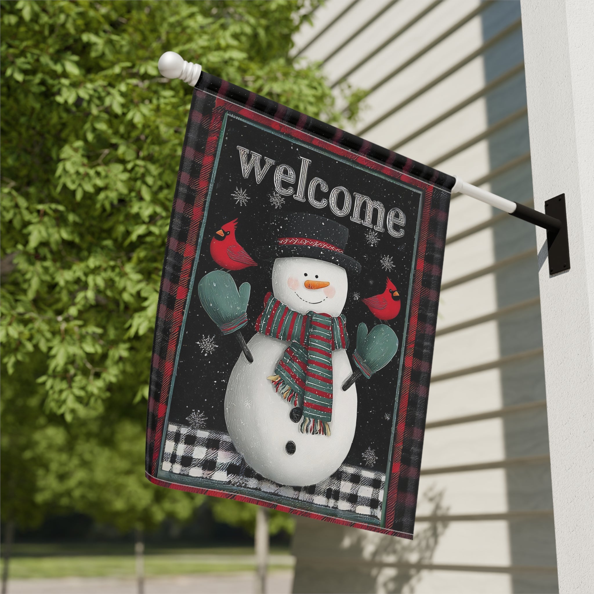 Green Mitten Welcome Snowman Garden Flag - close-up detail - Dragonfire Gardens