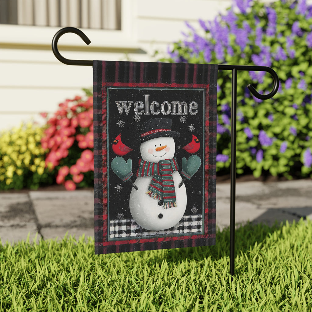 Green Mitten Welcome Snowman Garden Flag - outdoor display - Dragonfire Gardens