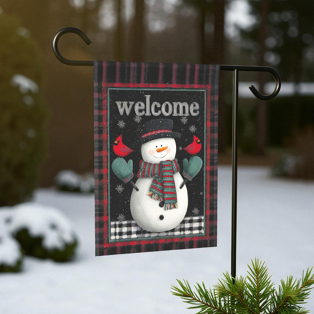 Green Mitten Welcome Snowman Garden Flag - product detail - Dragonfire Gardens
