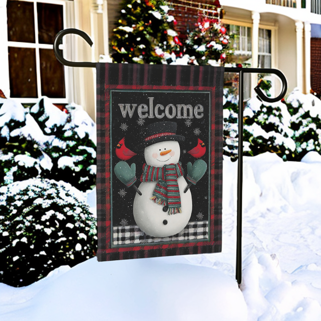 Green Mitten Welcome Snowman Garden Flag - front view - Dragonfire Gardens