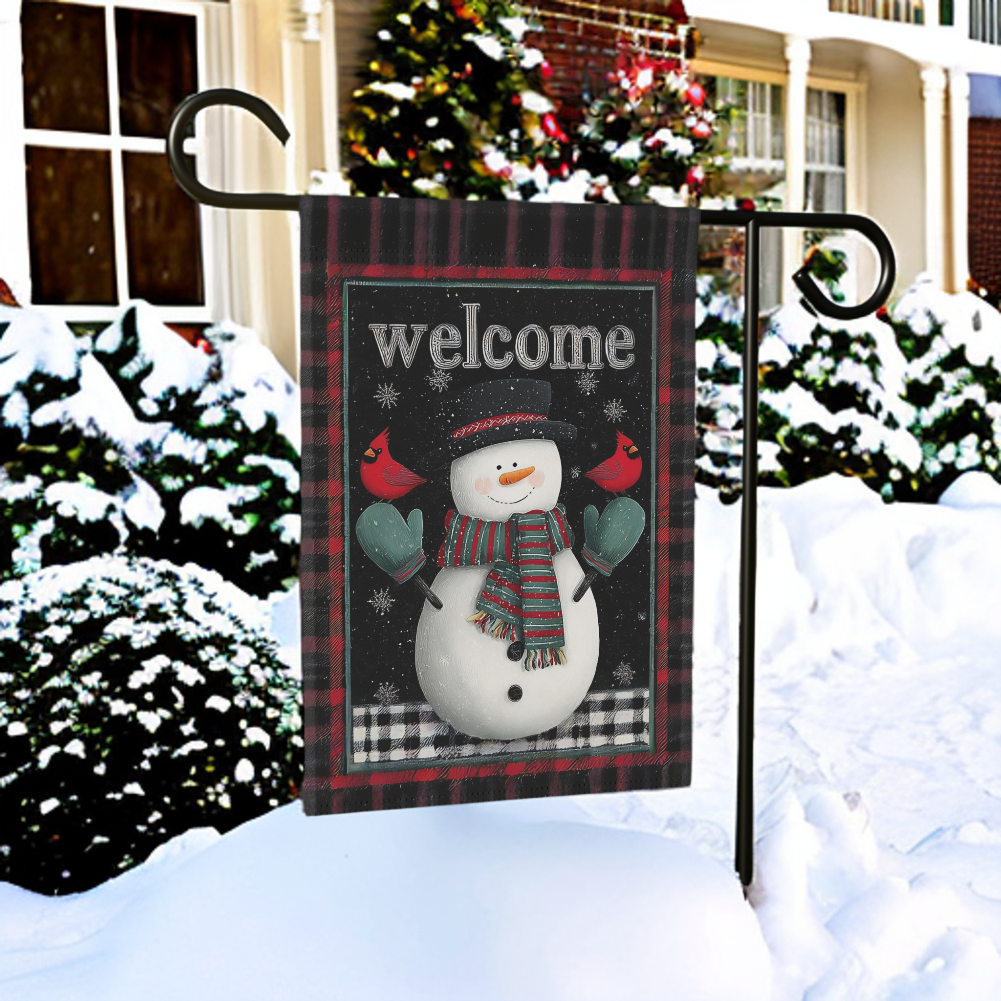 Green Mitten Welcome Snowman Garden Flag - front view - Dragonfire Gardens