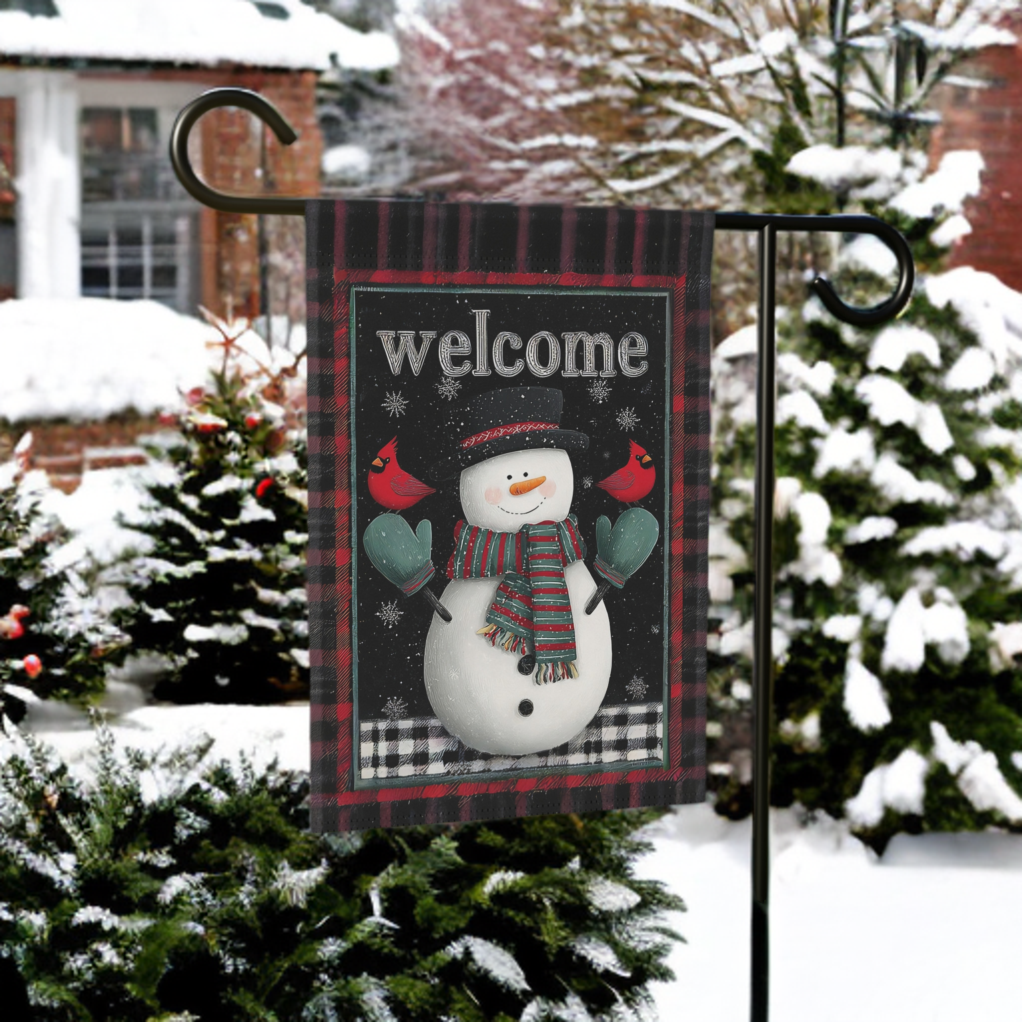 Green Mitten Welcome Snowman Garden Flag - size comparison - Dragonfire Gardens