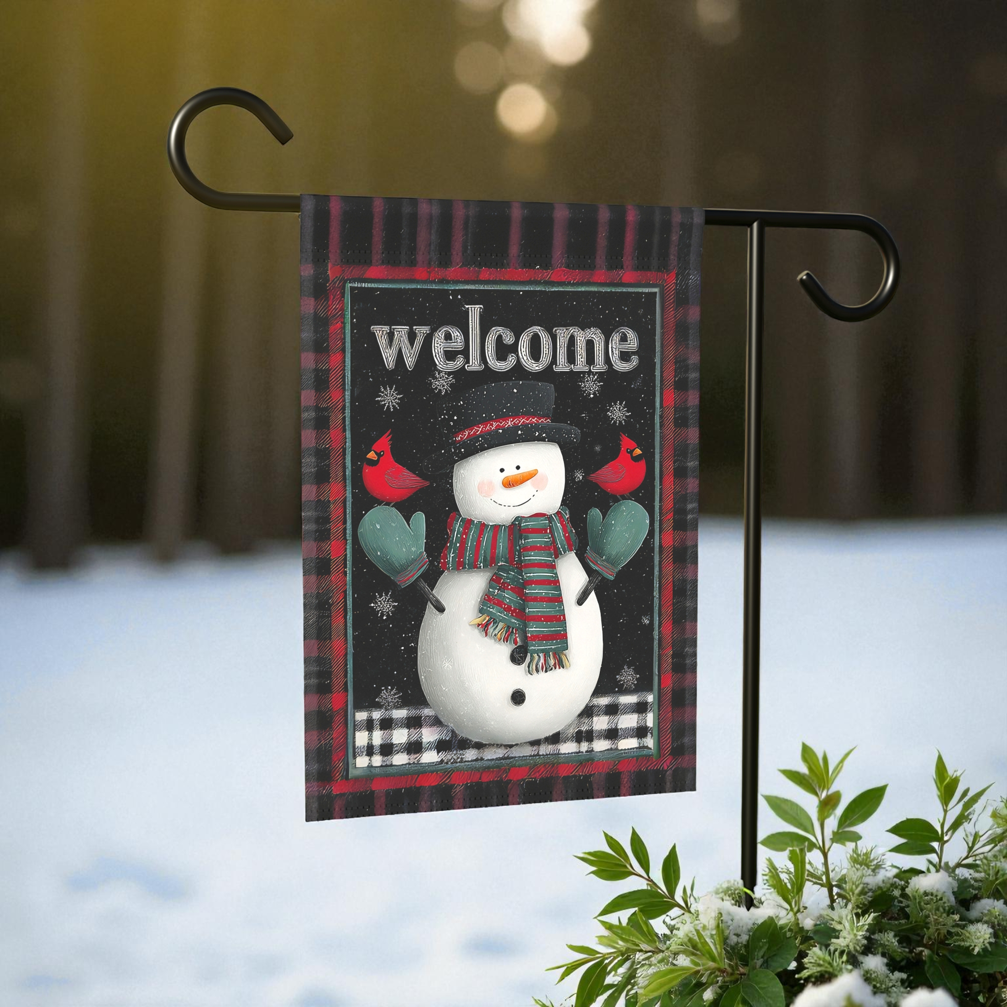 Green Mitten Welcome Snowman Garden Flag - lifestyle display - Dragonfire Gardens