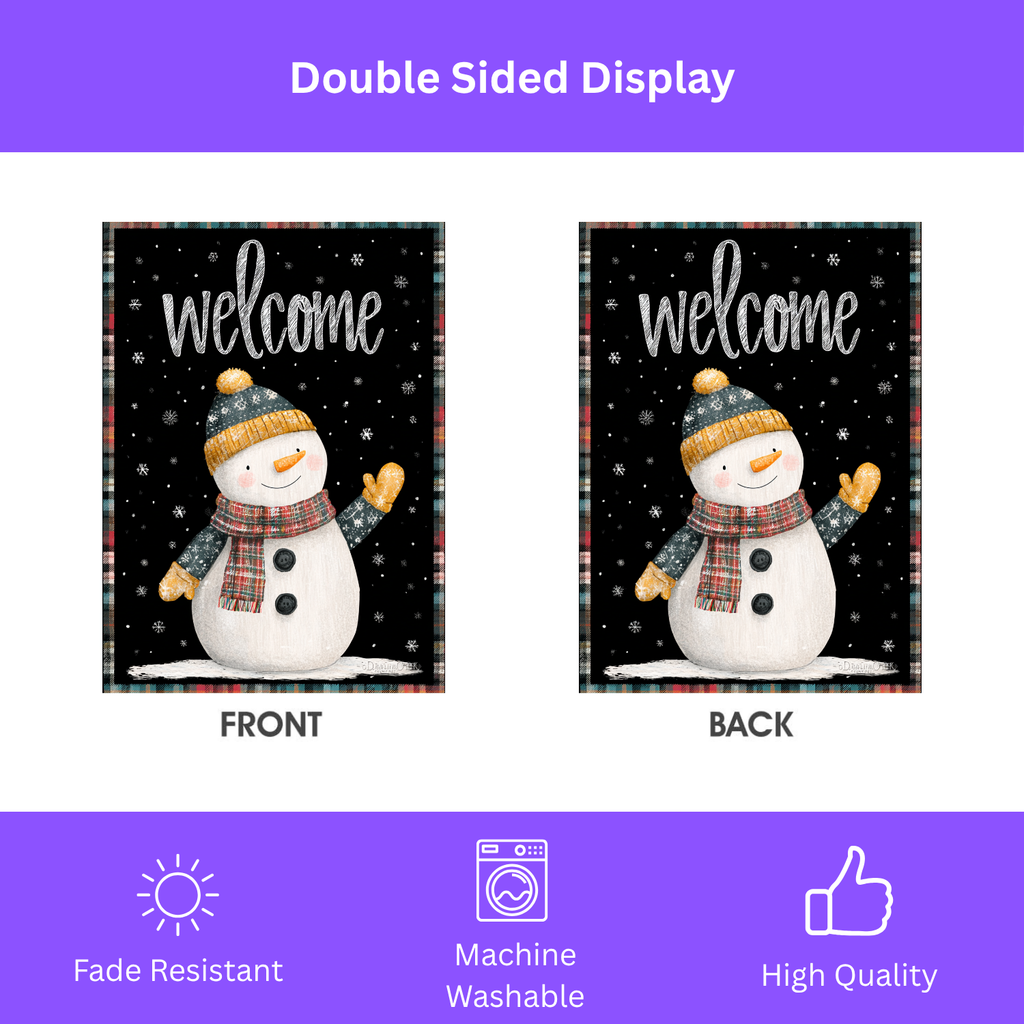 Yellow Mitten Welcome Snowman Garden Flag - double-sided design - Dragonfire Gardens