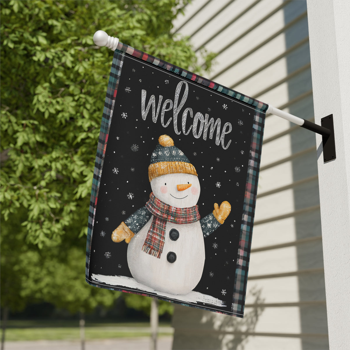Yellow Mitten Welcome Snowman Garden Flag - close-up detail - Dragonfire Gardens