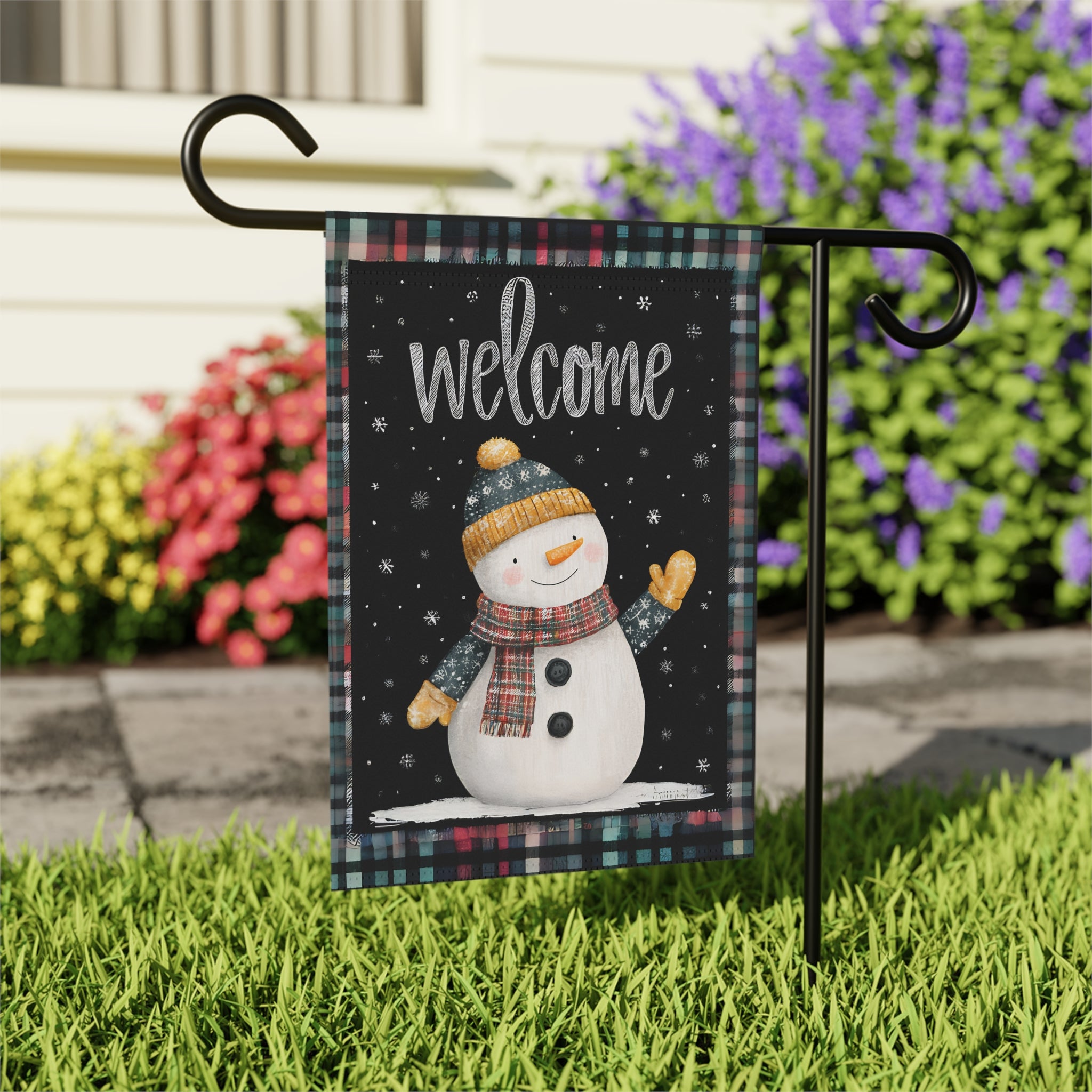 Yellow Mitten Welcome Snowman Garden Flag - outdoor display - Dragonfire Gardens