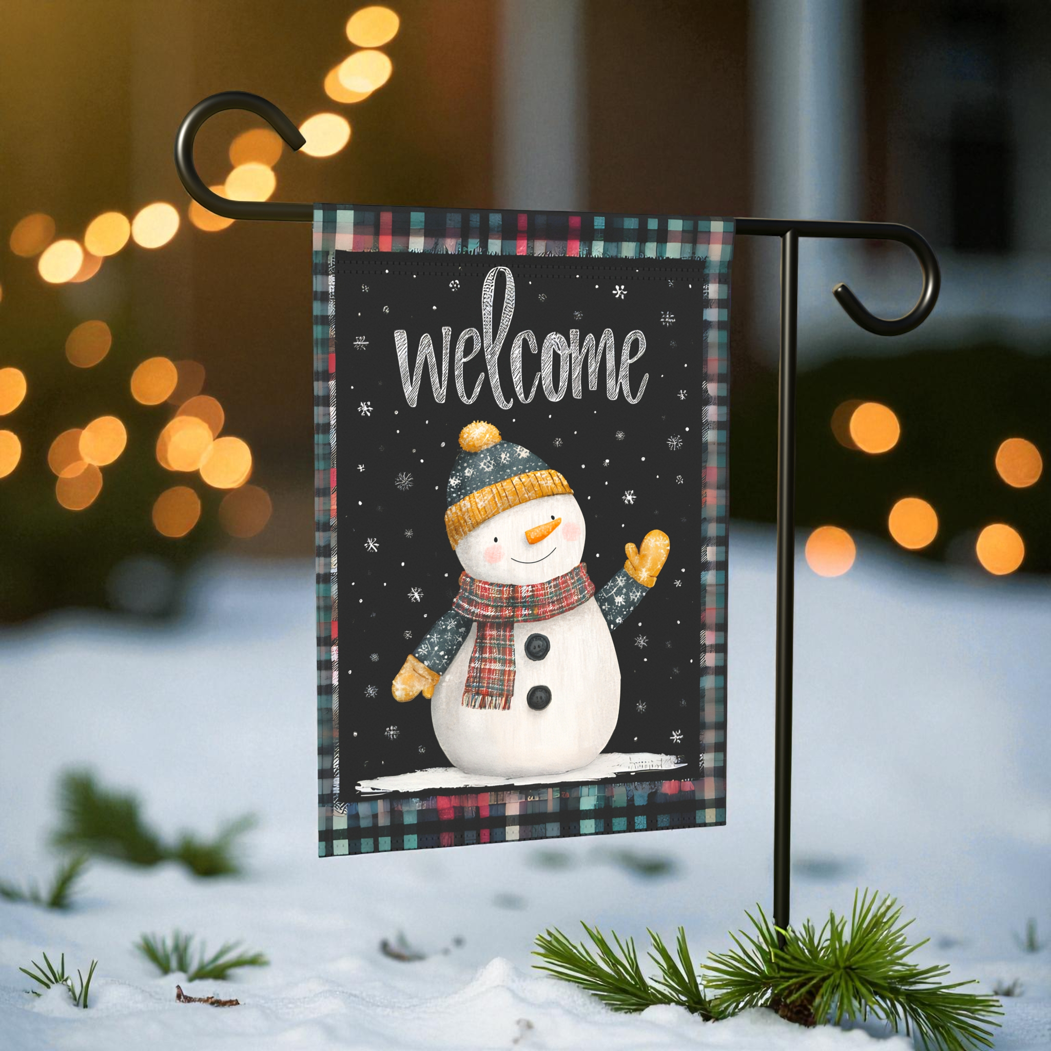 Yellow Mitten Welcome Snowman Garden Flag - size comparison - Dragonfire Gardens