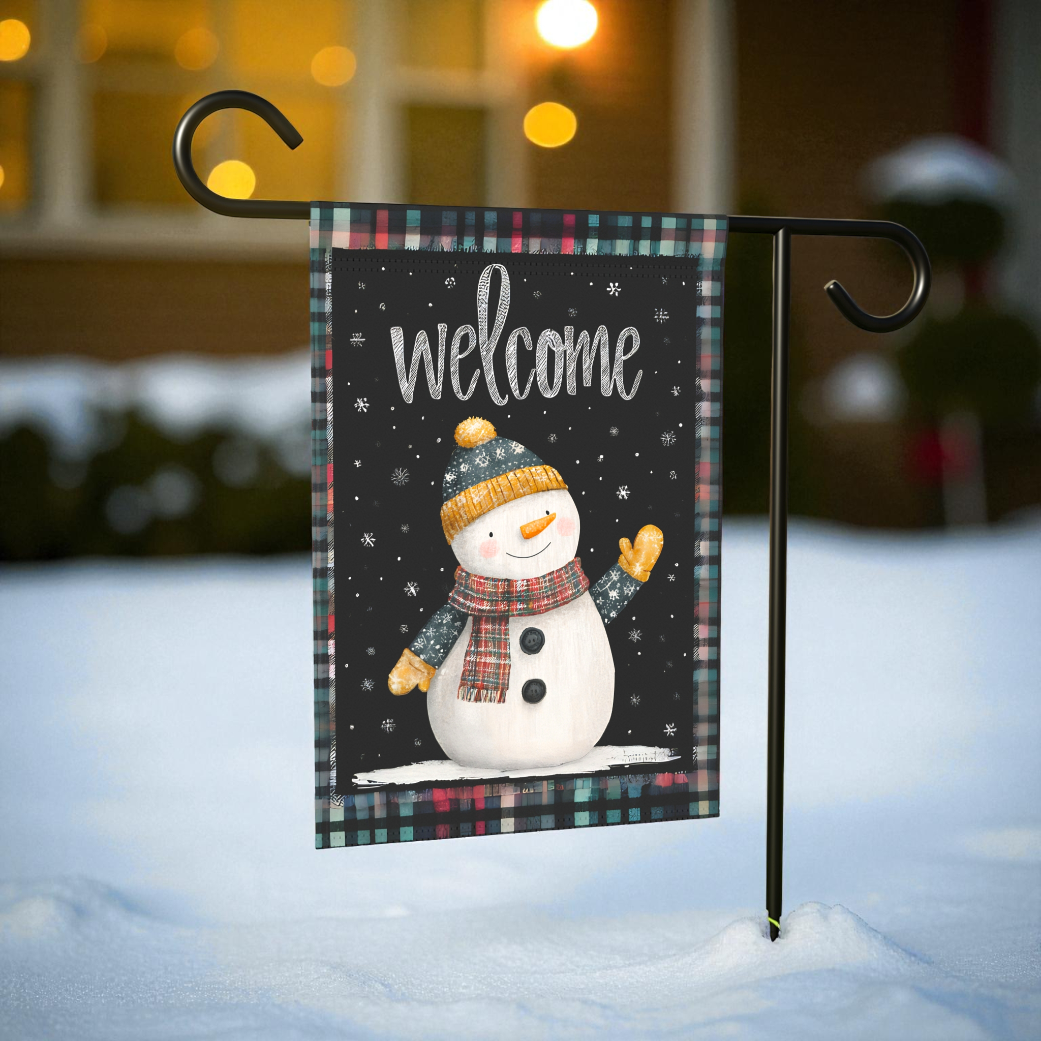 Yellow Mitten Welcome Snowman Garden Flag - lifestyle display - Dragonfire Gardens