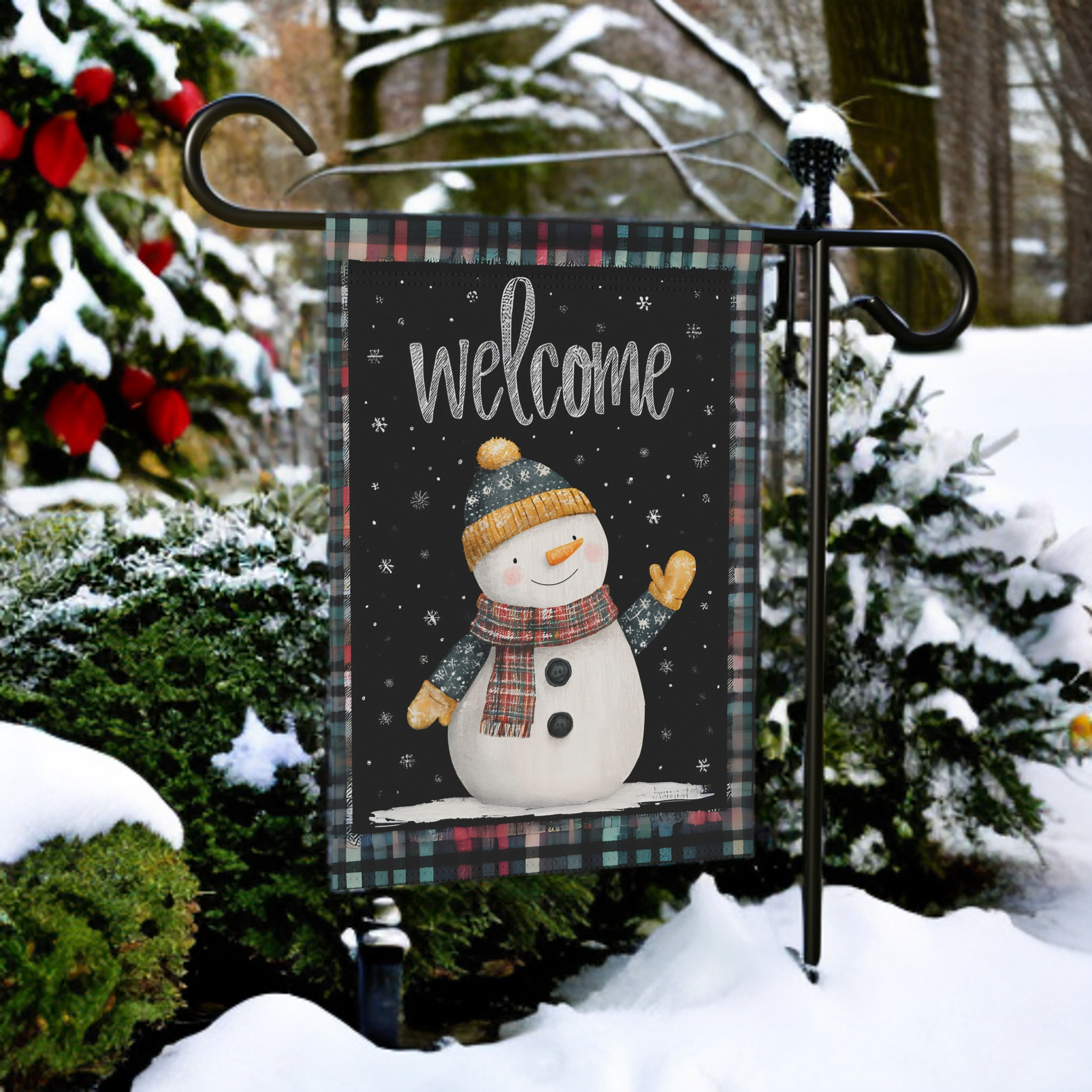 Yellow Mitten Welcome Snowman Garden Flag - product detail - Dragonfire Gardens