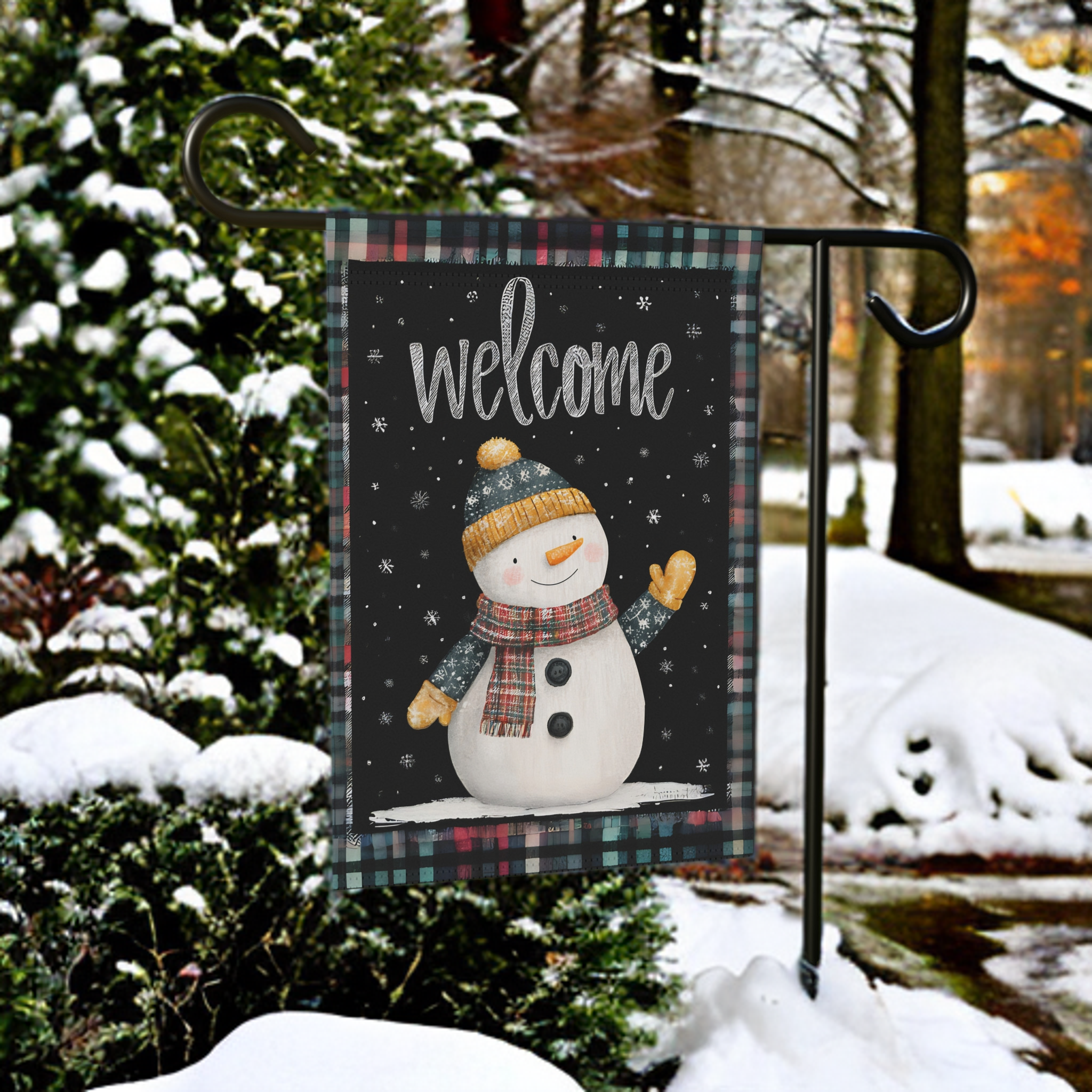 Yellow Mitten Welcome Snowman Garden Flag - front view - Dragonfire Gardens