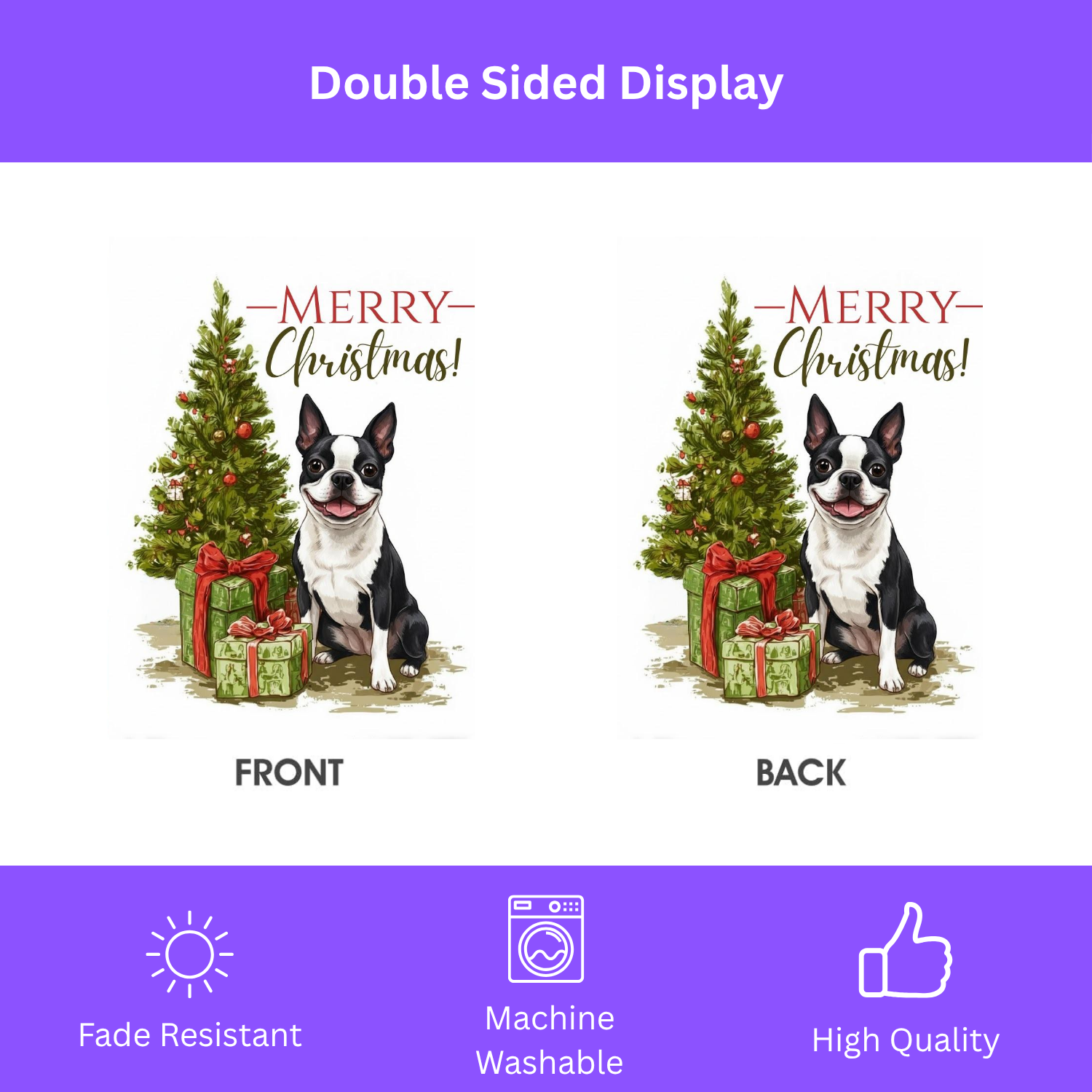 Boston Terrier and Present Christmas Garden Flag - double-sided design - Dragonfire Gardens