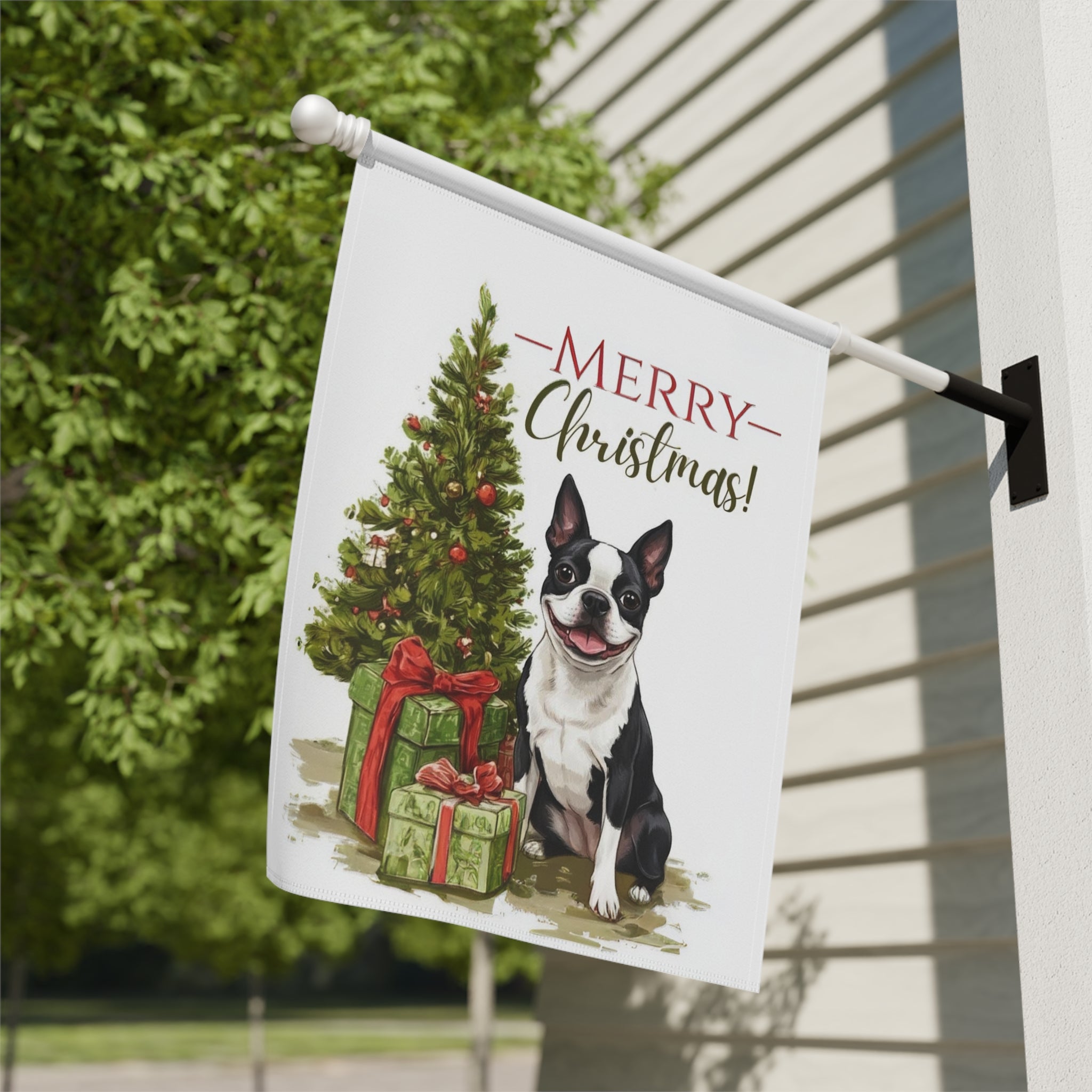 Boston Terrier and Present Christmas Garden Flag - close-up detail - Dragonfire Gardens