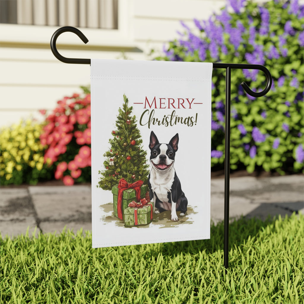 Boston Terrier and Present Christmas Garden Flag - outdoor display - Dragonfire Gardens