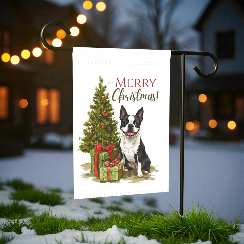 Boston Terrier and Present Christmas Garden Flag - lifestyle display - Dragonfire Gardens
